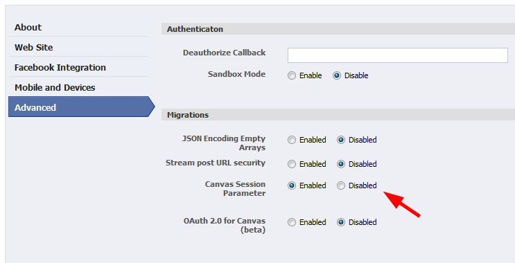 Facebook Canvas session Parameter checkbox